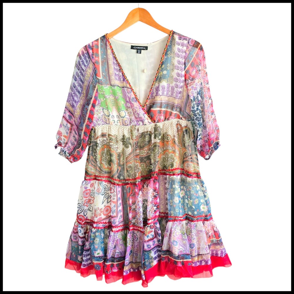 DIMRI Patchwork Print Dress Beaded V Neck Bohemian Festival Medium